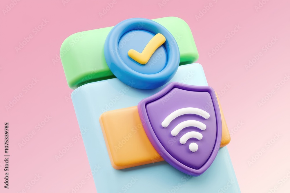 Poster 3D render of colorful icons with a checkmark and wifi symbol