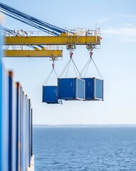 Cranes lifting blue shipping containers over calm water, against a clear sky, showcasing industrial logistics.