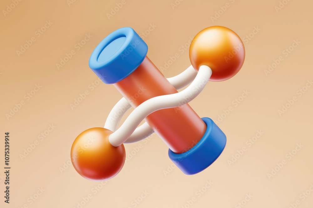 Poster abstract 3d design with orange spheres and a red cylinder connected by a white curve.