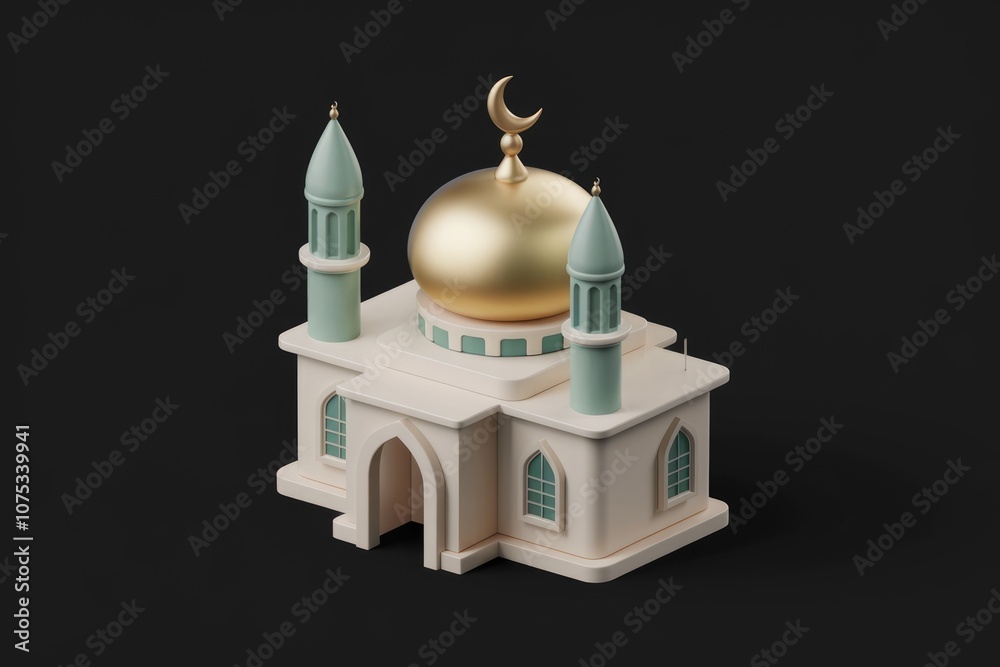 Poster 3d rendering of a mosque with a golden dome