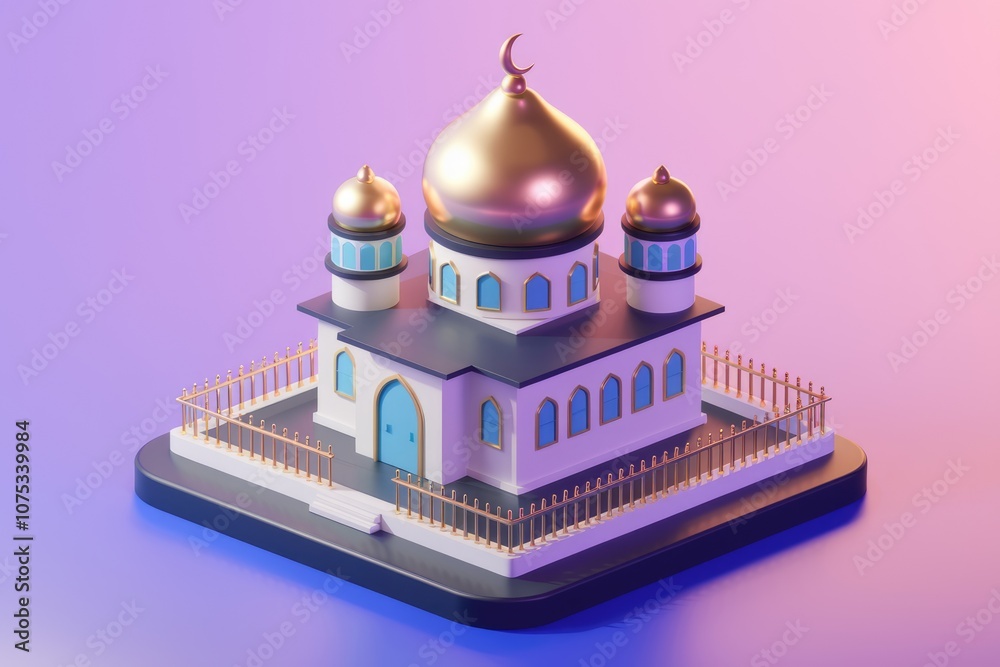 Poster a 3d model of a mosque with golden domes and blue windows.