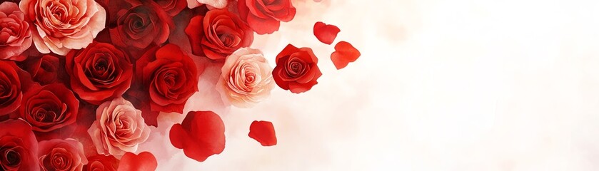 A beautiful arrangement of red and pink roses with petals scattered on a soft pink background.