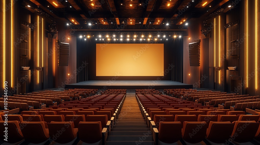 Poster Empty theater auditorium with rows of red seats facing a large blank screen.