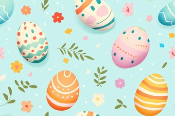 A seamless pattern of pastel-colored Easter eggs with leaf and dot accents, creating a festive and playful spring design.