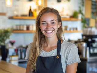 a cheerful young waitress, the proud small business owner, stands behind the bar with a welcoming smile, embodying the spirit of community and service in her quaint café
