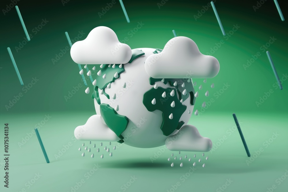 Poster 3D rendering of Earth surrounded by clouds raining down
