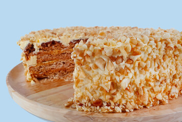 Flourless, close up Sans Rival or Cashew Meringue sponge Cake with Cashew nut cream, King Of Cakes, not sweet, Original dessert Recipe using advanced baking method
