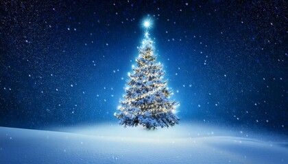 Fototapeta premium Illuminated christmas tree at night with falling snow and copy space