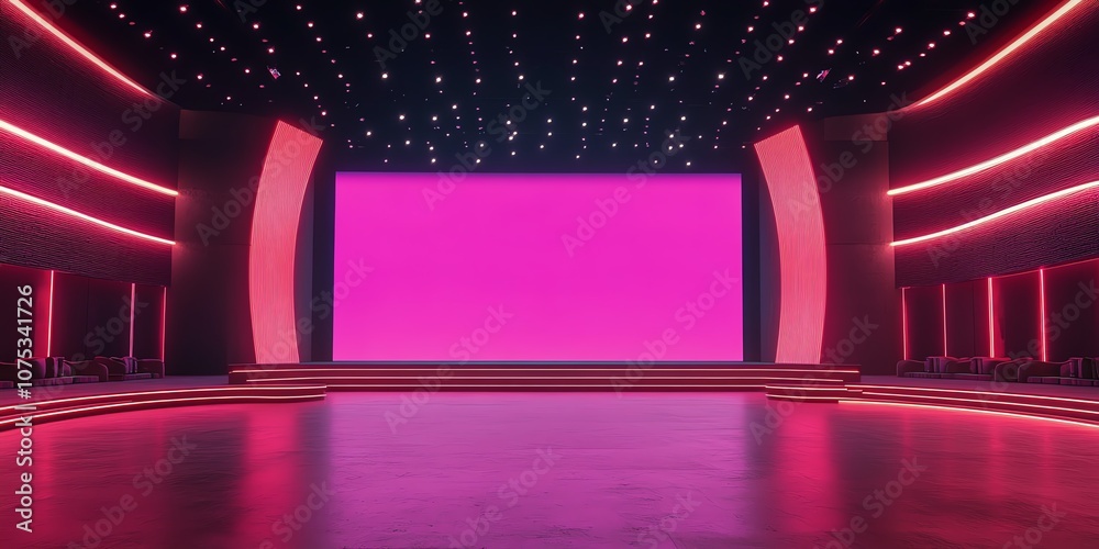 Poster Empty stage with a large screen and neon lights for a presentation.