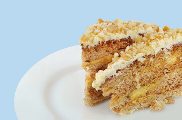 Flourless, close up Sans Rival or Cashew Meringue sponge Cake with Cashew nut cream, King Of Cakes, not sweet, Original dessert Recipe using advanced baking method