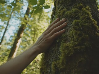 a gentle hand caresses a moss-covered tree trunk in a lush forest, symbolizing a deep connection with nature. the shaded canopy creates a tranquil atmosphere of growth and preservation