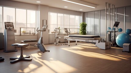 A photo of a physical therapy room with exercise mach