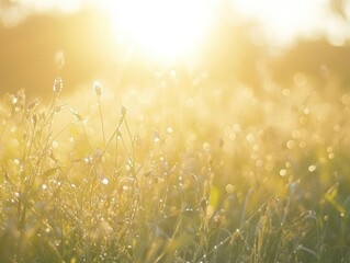 a lush and vibrant close-up of dewy grass in brilliant sunlight, creating a dreamy natural background with sparkling bokeh, capturing the essence of freshness and vitality