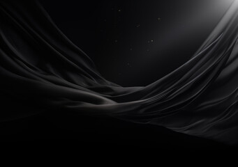 Black fabric with satin texture creates a dark background featuring luxury, abstract smooth waves, and elegant minimalism in soft folds.