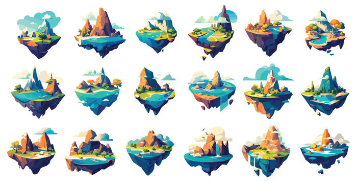 Cartoon floating islands. Flying game land platforms with mountains trees waterfall ocean clouds rocks set vector illustration