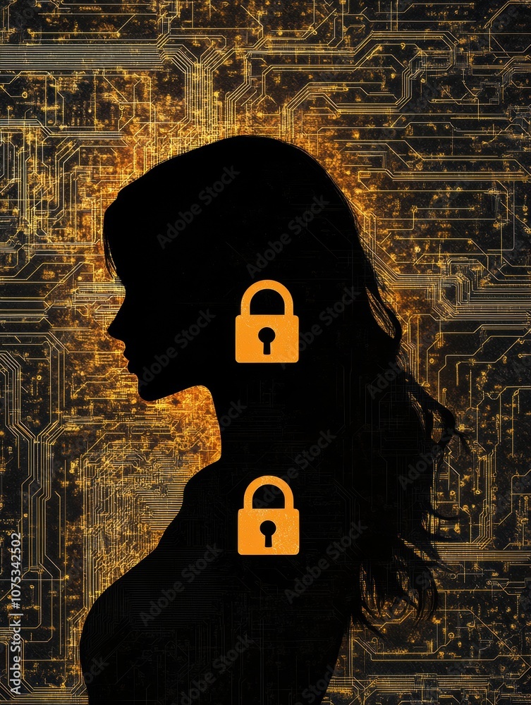 Leinwandbilder a silhouette stands before a digital backdrop with lock symbols, symbolizing the critical role of pr
