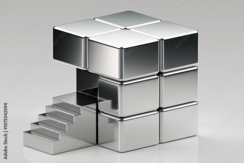 Poster A metallic cube structure with a staircase leading to an opening.
