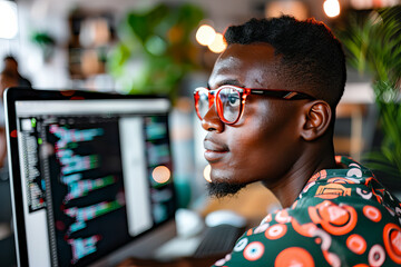 Fototapeta premium A man wearing glasses is sitting in front of a computer monitor