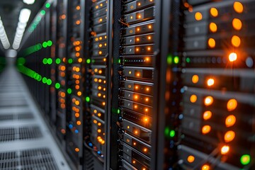 Naklejka premium High-Tech Data Center Server Room with Blinking LED Lights