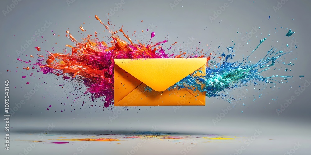 Aufkleber a yellow envelope explodes with colorful paint splatters.