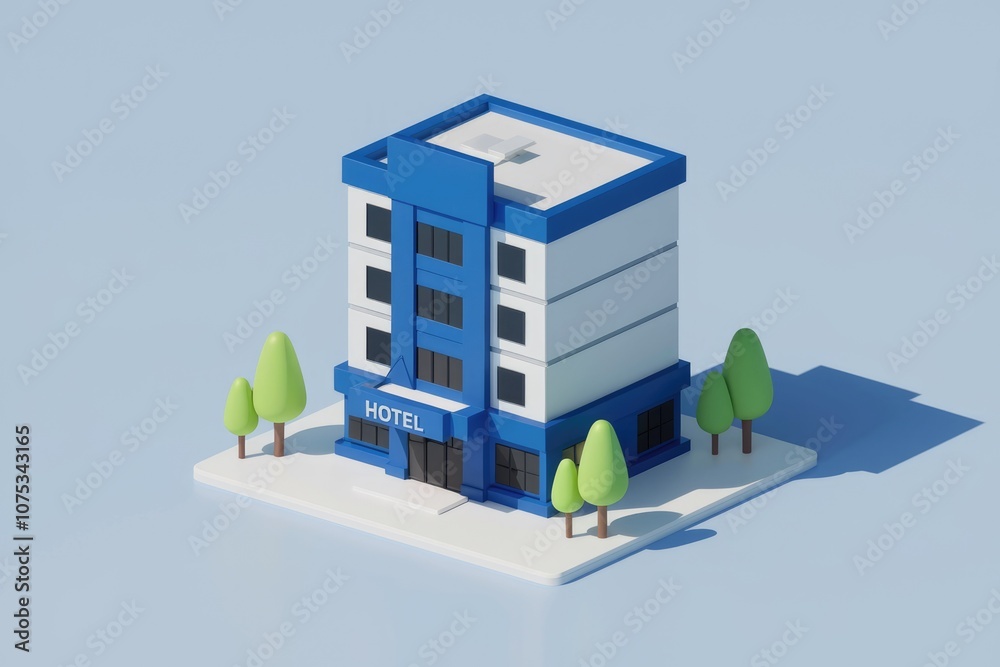 Poster a low poly 3d model of a simple blue hotel building with trees.