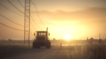 A Tractor Driving Past a Silhouette of a Person at Sunset