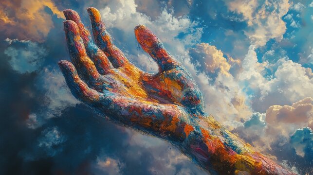 A Painted Hand Reaching Up Through a Cloudy Sky