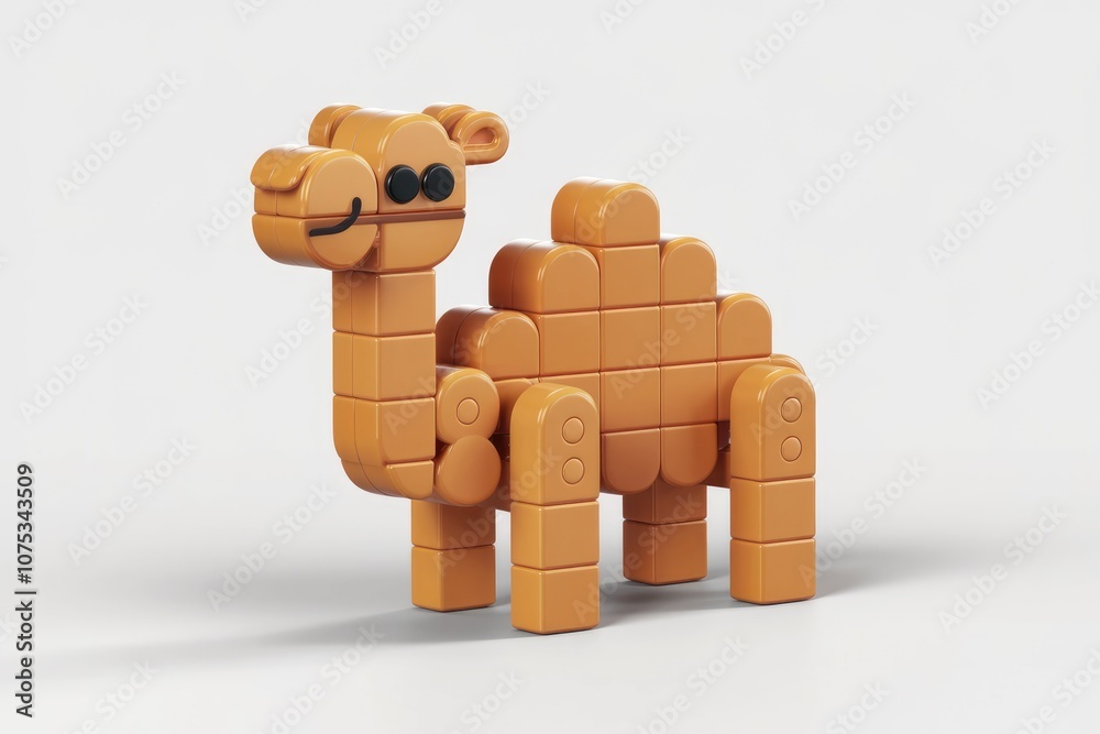 Poster a camel made out of brown building blocks.