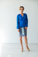 Portrait of a beautiful fashionable woman in a skirt and a blue business blouse