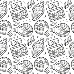 Fototapeta premium Seamless pattern of perfume bottles. Floral, spicy, sea and herbal aromas. Vector illustration in sketch style. Bottles with magic potion. For wallpaper, fabric, wrapping, background.