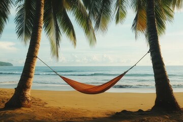 A hammock sways gently between two palm trees on a sandy beach, with the ocean in the background.