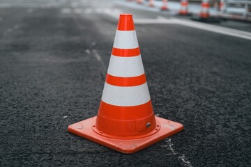 A single orange and white traffic cone stands on a grey asphalt road.