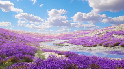 Obraz premium Beauty vs. Pollution: Vibrant Lavender Field Beside Polluted River - 3D Render Environmental Artwork