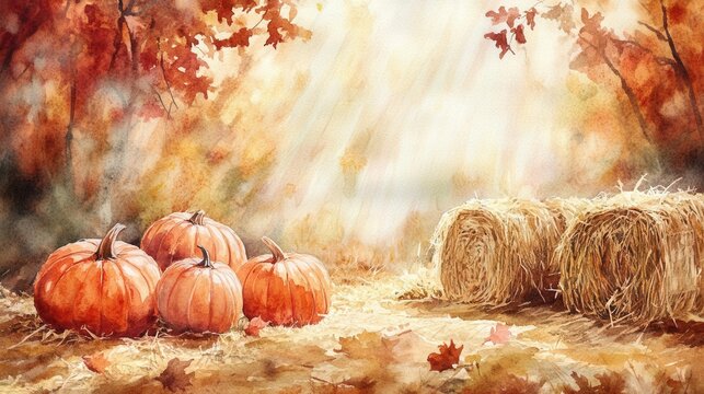 Watercolor of a peaceful autumn harvest festival, pumpkins and hay bales in warm tones, festival, seasonal festivity