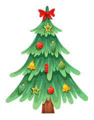 Christmas fir tree decorated with red bow and vintage toys. Vector holiday illustration
