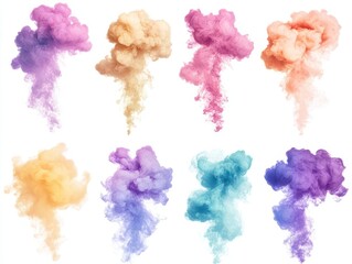 Fototapeta premium a set of vibrant smoke bomb explosions on a white backdrop, each cloud swirling in a spectrum of colors, creating a dynamic and artistic display of motion and color