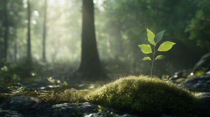 Obraz premium A Single Sapling Emerging from Mossy Ground in a Forest