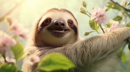 Obraz premium Portrait of happy sloth rejoice with spring.