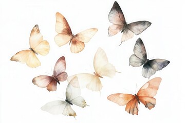 Fototapeta premium Simple watercolor of a flock of butterflies in flight, soft and delicate, flying objects, natural beauty