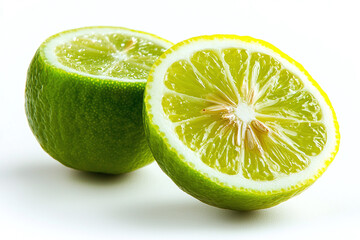A lemon sliced in half, displaying the juicy segments, against a white background.