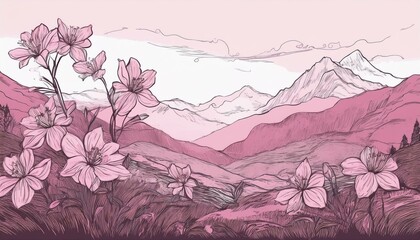 산에 핀 봄꽃 배경이 분홍색으로 간결하게 표현되어 있다. 동양화