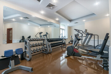Fototapeta premium The interior of a private gym with treadmills, exercise bikes and dumbbells for power loads.