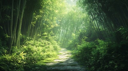 Obraz premium A serene path winds through the lush green bamboo, Beautiful green bamboo forest