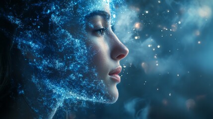 Woman's Profile with Blue and White Particles Against a Dark Background