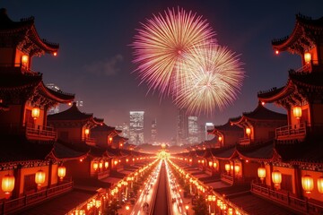 Fototapeta premium Vibrant fireworks over traditional chinese architecture at night