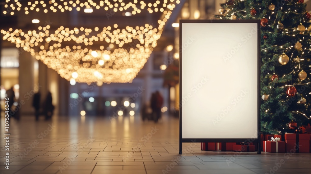 Poster A blank sign is in front of a Christmas tree with red and gold ornaments. The background is blurred, but shows a space decorated with string lights.