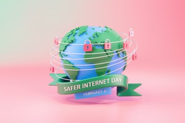 A globe surrounded by locks and a banner that reads Safer Internet Day February 6