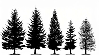 Fototapeta premium Vector set of black silhouettes of fir trees isolated on a white background.