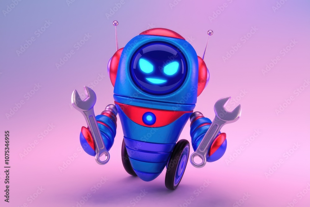 Poster A blue and red robot with a wrench in each hand.