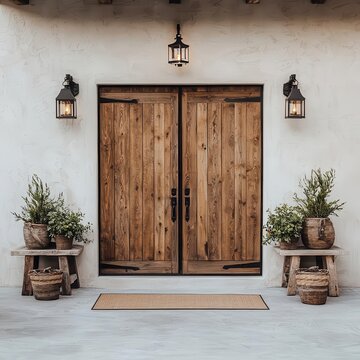 Rustic guest house with barn doors, lantern lighting, and farmstyle decor